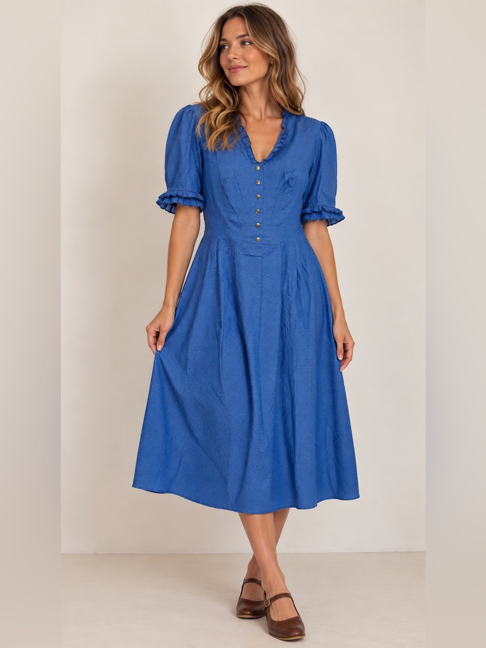 Angelika Moden Women's Vintage German 100% Cotton Buttons Ruffle Dress cottage